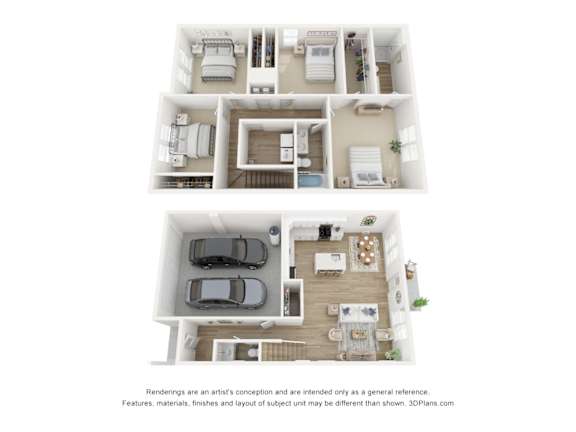 Floor Plan  A 3D floor plan of a house with two bedrooms, a living room, a kitchen, a bathroom, and a garage.