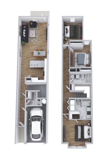 Floor Plan  A diagram of a two-story house with a car parked in the garage.