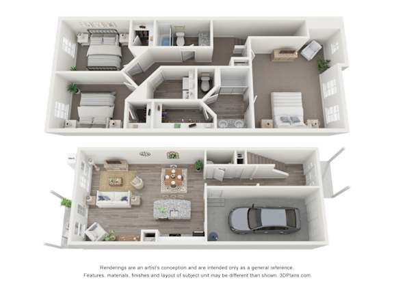 Floor Plan  A 3D floor plan of a two-story house with a living room, dining room, kitchen, and bedrooms.