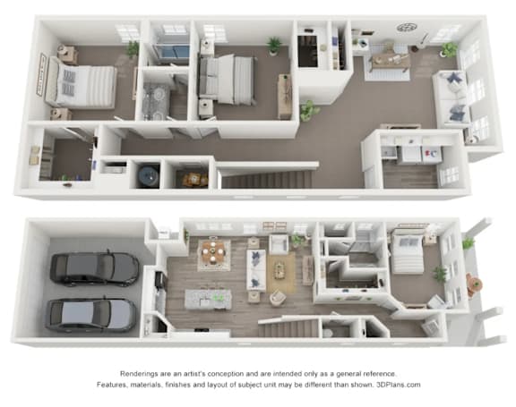 Floor Plan  A 3D floor plan of a house with two bedrooms, a living room, a kitchen, a dining room, and a garage.