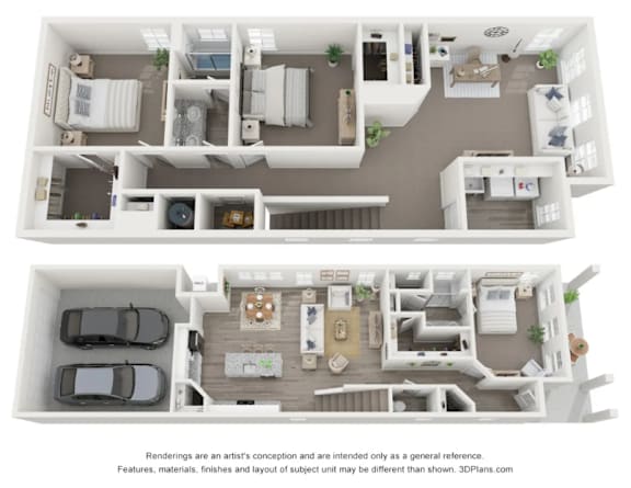 Floor Plan  A 3D floor plan of a house with two levels, a garage, and a living room with a kitchen and dining area.