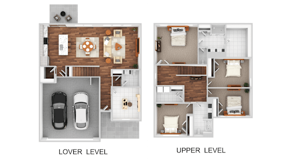 Floor Plan  A floor plan shows a living room, two bedrooms, a kitchen, and a garage on the lower level, and a bathroom and a second bedroom on the upper level.