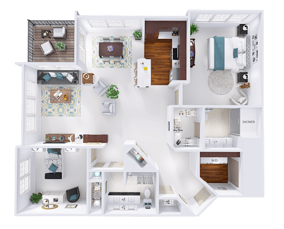 Floor Plan  A top-down view of a house layout with a living room, kitchen, and bathroom.