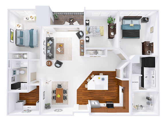 Floor Plan  A top-down view of a small apartment with a living room, kitchen, and bedroom.