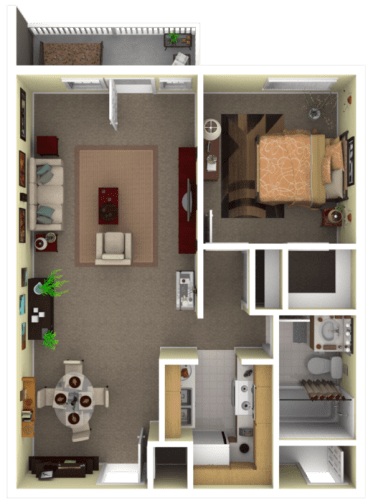 Floor Plan  floorplan of a one-bedroom 1 bathroom unit with a balcony.
