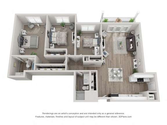 Floor Plan  A 3D floor plan of a house with a kitchen, living room, bedrooms and bathrooms.
