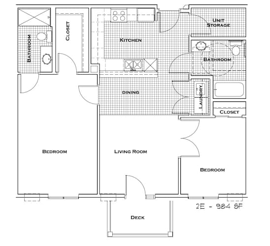 Floor Plan  A floor plan of a house with two bedrooms, a living room, a dining room, a kitchen, a bathroom, a closet, and a unit storage area.