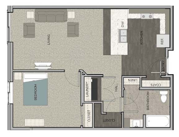 Floor Plan  A floor plan of a house with a living room, bedroom, bathroom, laundry, and kitchen.