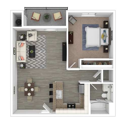 Floor Plan  A top-down view of a small apartment with a living room, kitchen, and bedroom.