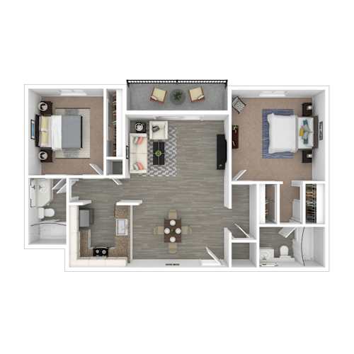 Floor Plan  A top-down view of a small apartment layout with a kitchen, living room, and bedroom.