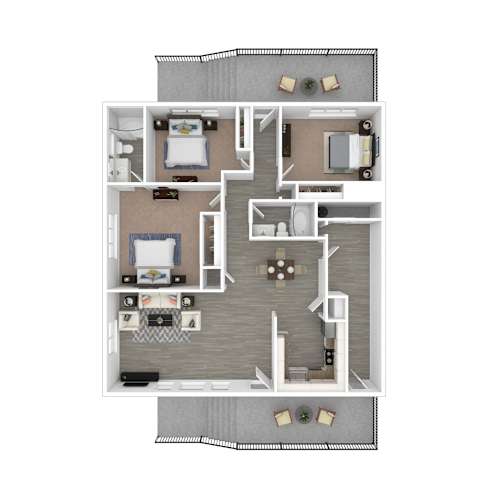 Floor Plan  A 3D floor plan of a house with a kitchen, living room, and two bedrooms.