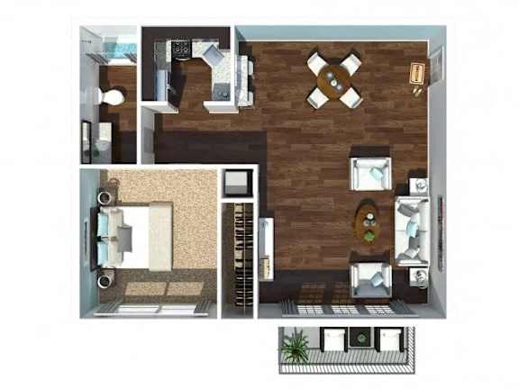 Floor Plan  A floor plan of a house with a kitchen, living room, and bathroom.