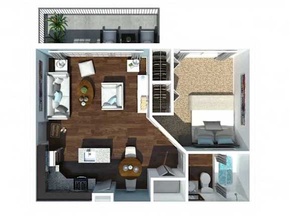 Floor Plan  A 3D floor plan of a modern apartment with a living room, kitchen, and bedroom.