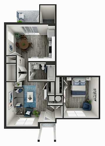 Floor Plan  A 3D floor plan of a small apartment with a kitchen, living room, and bathroom.