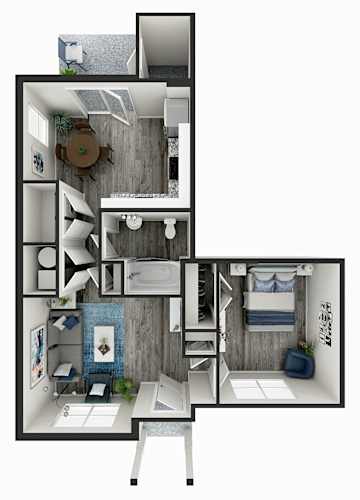 Floor Plan  A 3D floor plan of a small apartment with a bedroom, bathroom, and kitchen.