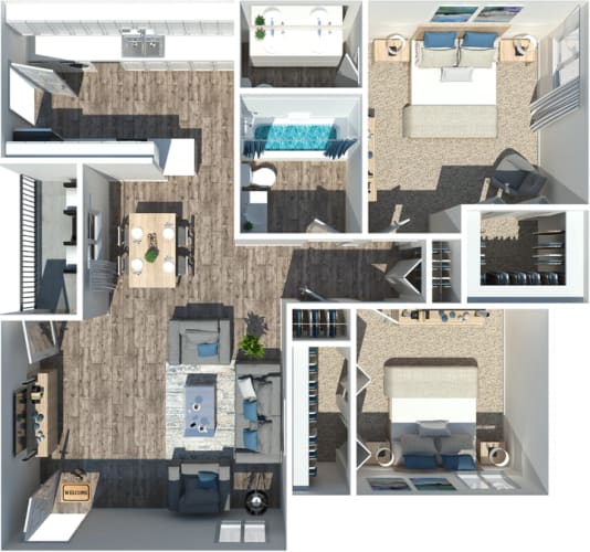 Floor Plan  a rendering of a 3d floor plan with different layouts of rooms and furniture