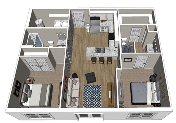 Floor Plan  A top down view of a house layout with a living room, dining room, kitchen, and bedrooms.