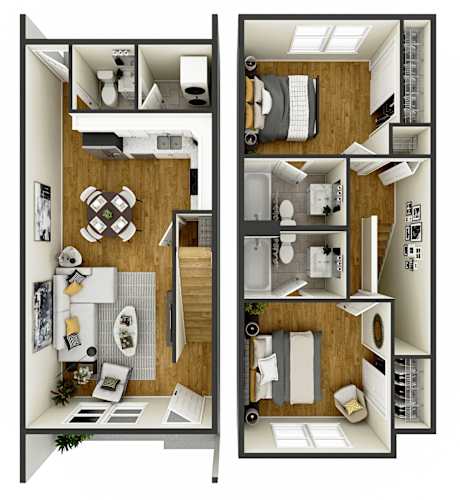 Floor Plan  A top-down view of a two-story apartment layout.