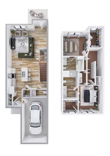 Floor Plan  A white car is parked in a garage.