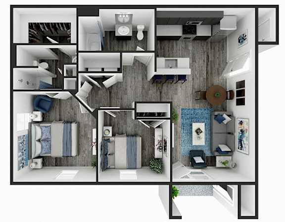 Floor Plan  A 3D floor plan of a house showing a kitchen, living room, and bedrooms.