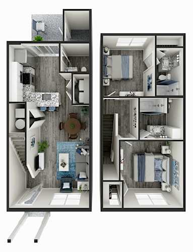 Floor Plan  A 3D floor plan of a small apartment with a kitchen, living room, and bathroom.