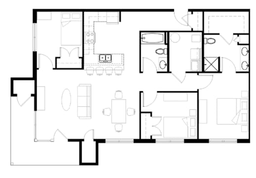 Floor Plan  A black and white floor plan of a house with multiple rooms.