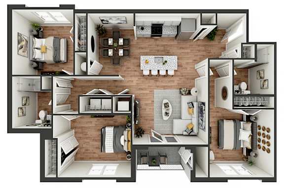 Floor Plan  A 3D floor plan of a house showing all rooms and their layouts.