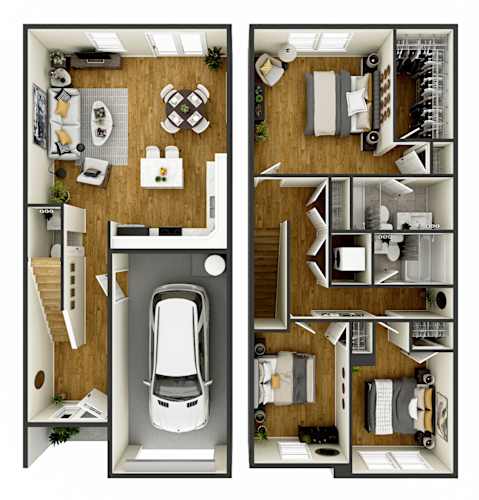 Floor Plan  A floor plan of a two-story apartment with a living room, kitchen, and bathroom on the first floor, and a bedroom with a balcony on the second floor.
