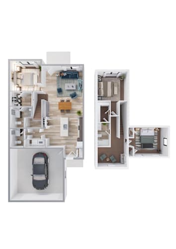 Floor Plan  A floor plan of a two-bedroom apartment with a garage for one car.