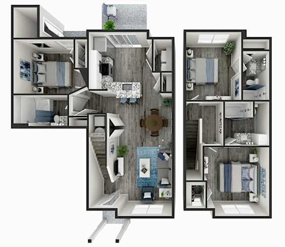 Floor Plan  A 3D floor plan of a house with a kitchen, living room, and bedrooms.