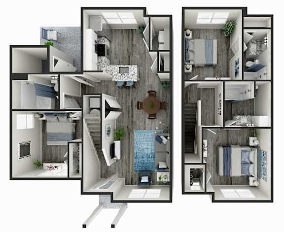 Floor Plan  A 3D floor plan of a house with multiple rooms and a pool.