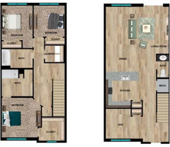 Floor Plan  A floor plan of a two bedroom apartment with a living room and a kitchen.