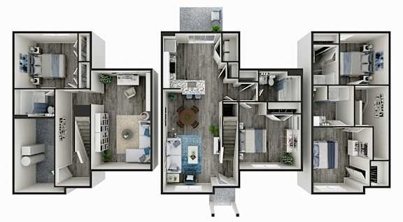 Floor Plan  A diagram of a house with multiple rooms and furniture.