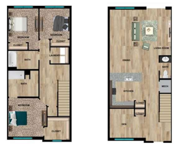 Floor Plan  A floor plan of a two-bedroom apartment with a living room, kitchen, and bathroom.