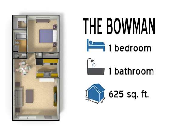 Floor Plan  a room with a bed and a bathroom and the words the 1 bedroom