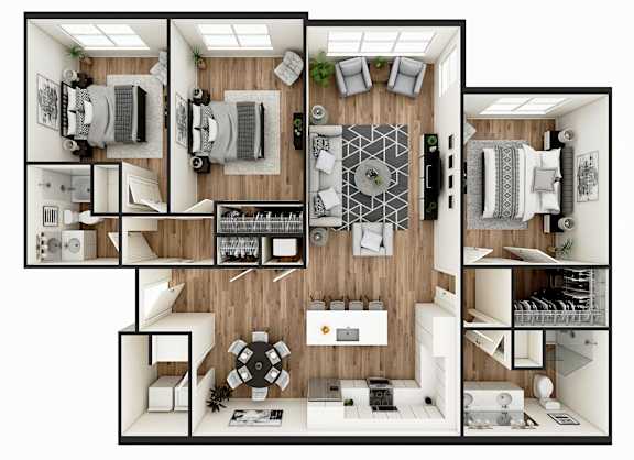 Floor Plan  A series of images showing different layouts of a room with furniture.