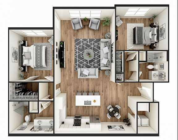 Floor Plan  A top-down view of a modern, minimalist apartment layout.
