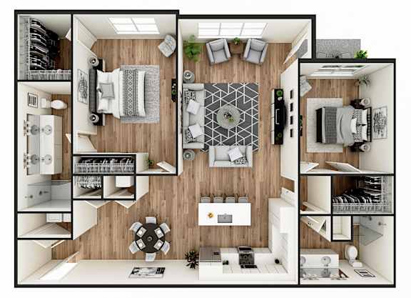 Floor Plan  A top-down view of a modern apartment layout with a kitchen, living room, and bedroom.