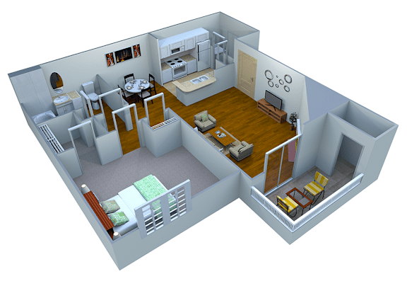 Floor Plan  A 3D image of a small apartment with a kitchen, living room, and bedroom.