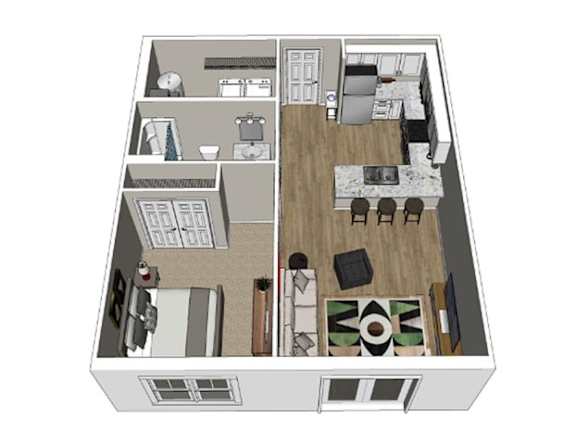 Floor Plan  A 3D floor plan of a house with a kitchen, living room, and dining area.