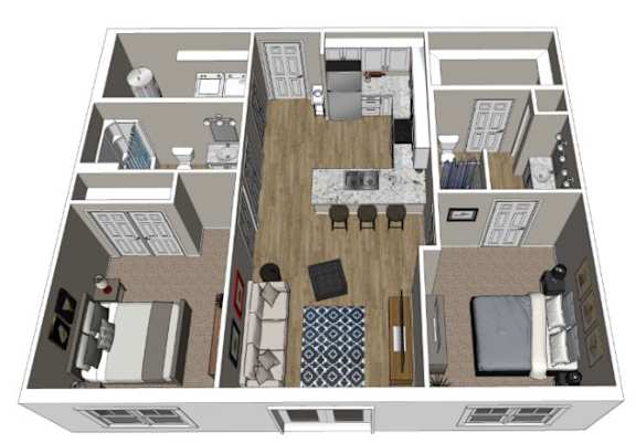 Floor Plan  A floor plan of a house with a kitchen, living room, and bedrooms.