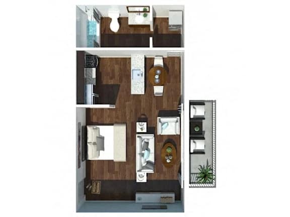 Floor Plan  A top-down view of a small apartment with a kitchen, living room, and bathroom.