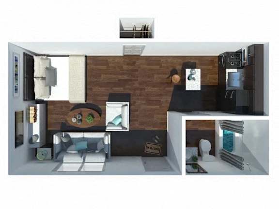 Floor Plan  A modern living room with a brick wall and a white sofa.