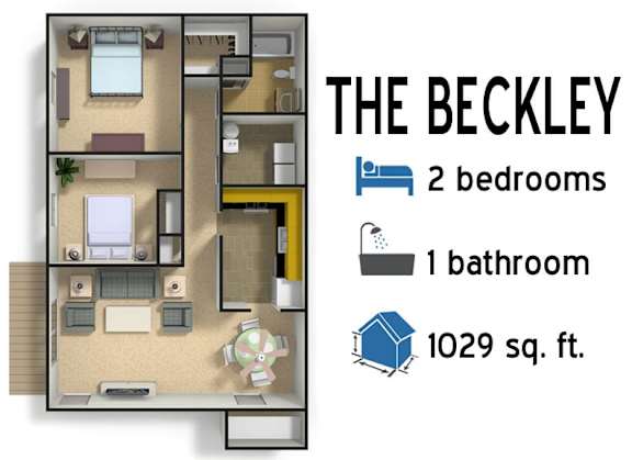 Floor Plan  A floor plan of a small apartment with two bedrooms and one bathroom.