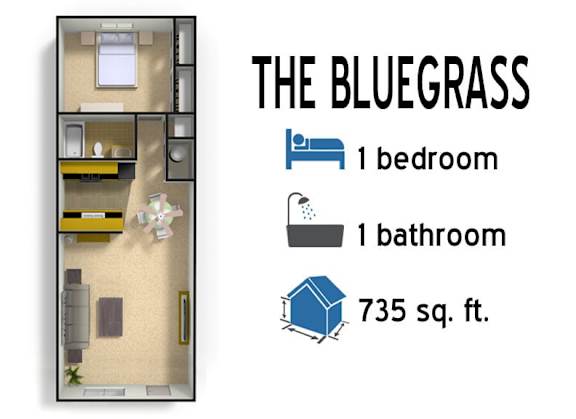 Floor Plan  A graphic of a small house with a bedroom, bathroom and living room.