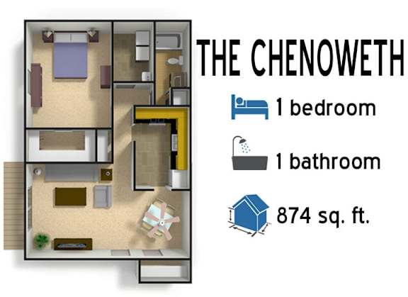 Floor Plan  A floor plan of a one bedroom, one bathroom apartment that is 874 square feet.