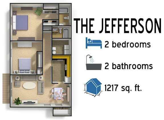 Floor Plan  A diagram of apartment layout called The Jefferson which has 2 bedrooms, 2 bathrooms and is 1217 sq. ft.