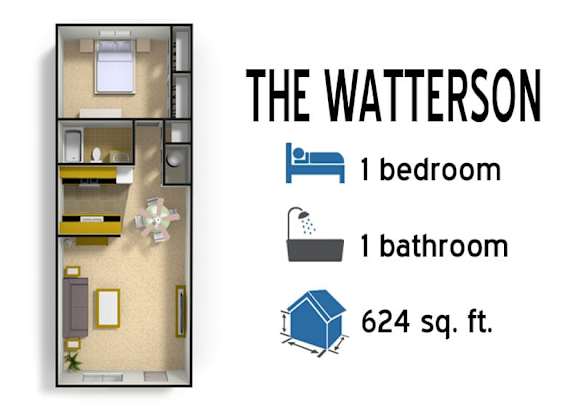 Floor Plan  A graphic of a one bedroom apartment with a bathroom and a living room.