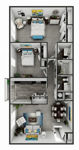 Floor Plan  a 3d rendering of the floor plan of a 3 bedroom apartment