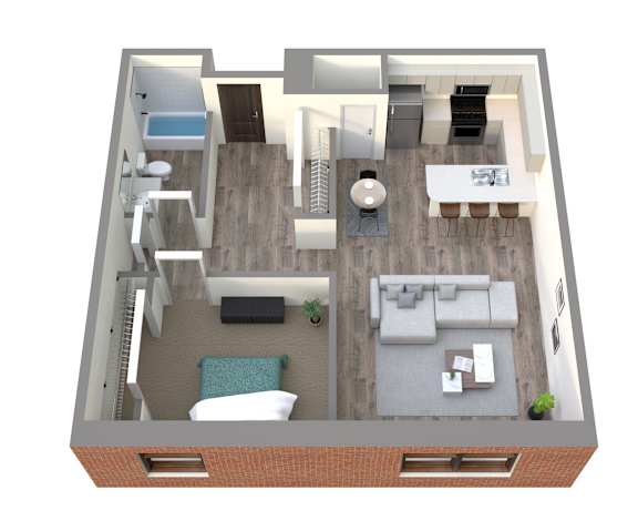 Floor Plan  A 3D floor plan of a house with a living room, kitchen, and two bedrooms.